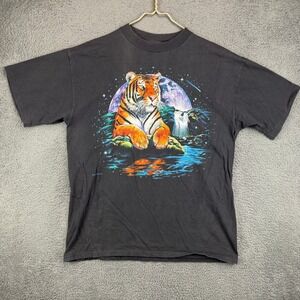 Vintage Habitat Tiger Moon Waterfall Graphic T-Shirt Black XL Made in USA 90s